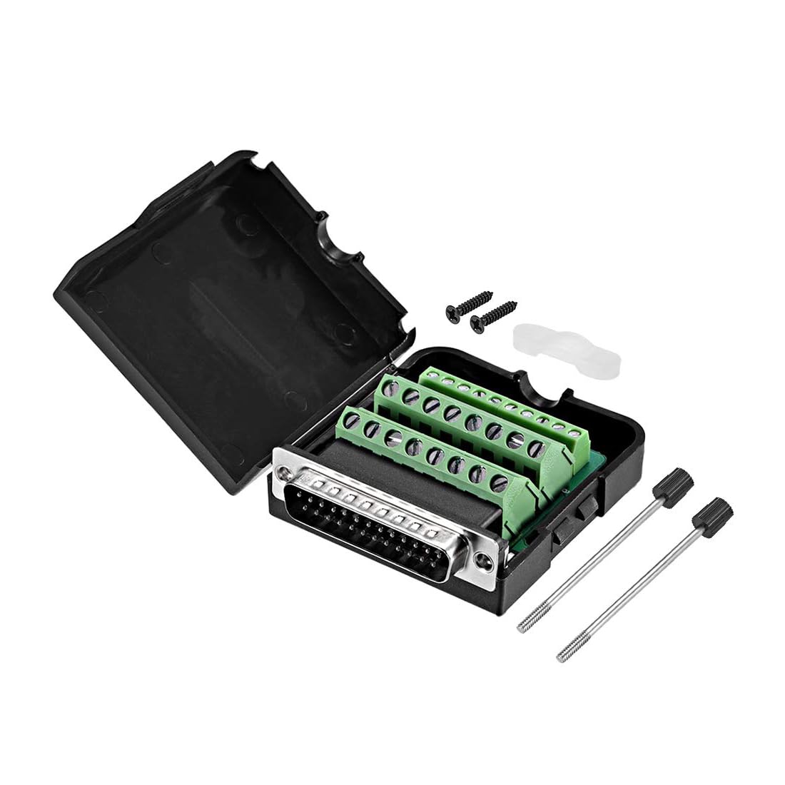 TA-VIGOR DB25 D-Sub Connector Breakout Board with Case, 25 Pin 2 Row Male Port, Solderless Dual Row Terminal Block Adapter with Thumb Screws for CNC PC Printer