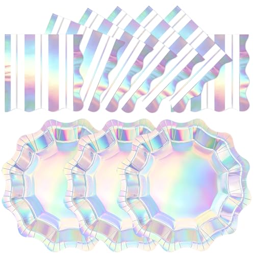 48PCS Iridescent Paper Plates and Napkins Party Decorations 7inch Scalloped Dessert Plates Disposable Silver Holographic Tableware Set for Mermaid Unicorn Birthday Bridal Wedding Disco Party Supplies