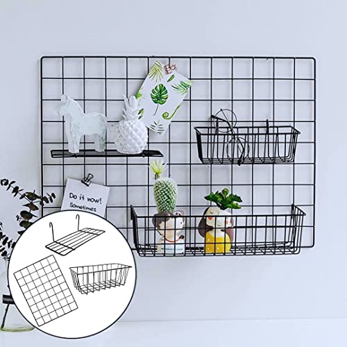 Image of Steel Photo Collage Grid Frame, Basket & Tray| Photo frame grid DIY Mesh Wire Frame (Black, WIRE GRID + BASKET + TRAY)