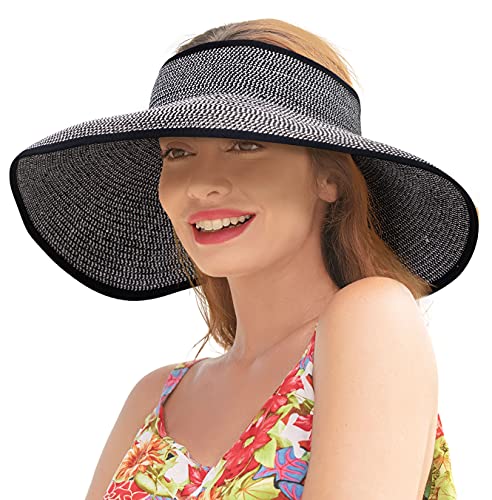Sun Visors for Women Wide Brim Straw Hat Women Beach Visor Hats for Women Uv Protection Foldable Sun Hat Women Beach Hat, Black/White Mix, One size