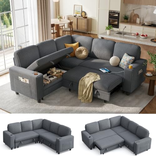 Image of LINSY HOME Pull Out Sofa Bed Sectional Sleeper Sofa with Storage, Plush Corduroy Pullout Modular Sectional Couches for Living Room, L Shaped Convertible Couch Bed for Apartment (Grey)