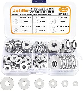 JatilEr 263Pcs Flat Washers, 304 Stainless Steel Washers DIN 9021 Metal Flat Washers Assorted Washers Kit, Washers for Screws Assortment Spring Washer Set Lock Repair Washer 6 Sizes M3 M4 M5 M6 M8 M10