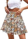 CYiNu Short Skirts for Women Summer Boho Flowy A Line Chiffon Tiered Pleated Mini Skirt(Coffee Floral,L)