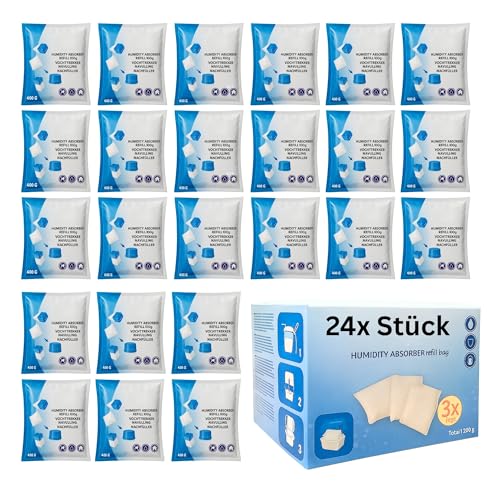 Luftentfeuchter Nachfüllpack 24 x 400g Entfeuchter Granulat für Raumentfeuchter und Luftentfeuchter Box Nachfüllpacks gegen Feuchtigkeit & Gerüche für Bad, Keller, Wohnmobil & HLKauf-Block
