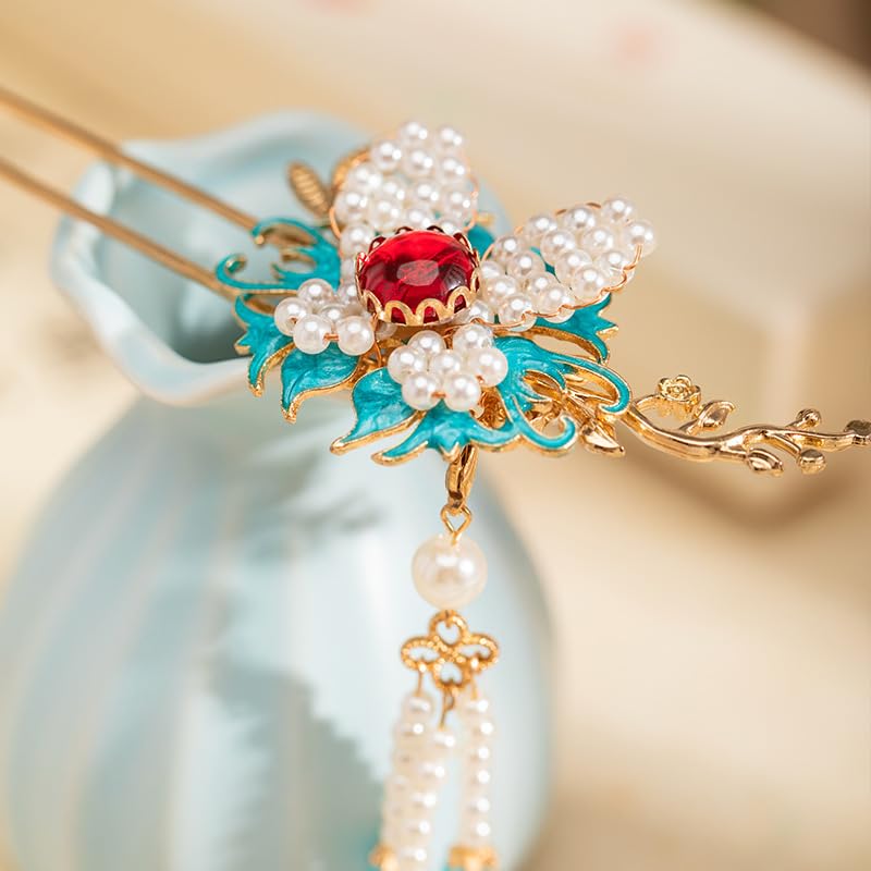 Pinza para cabello Burning Blue Branches con mariposa y borlas de perlas para Hanfu chino miniatura 4