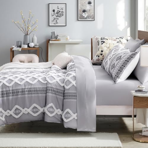 Image of MOVE OVER Gray Tufted Comforter Set King Size 7 Pieces Bed in A Bag Farmhouse Bedding Comforter Sets Boho Aztec Sheet Set and Comforter Set Modern Boho Tufted Bedding Set for All Seasons