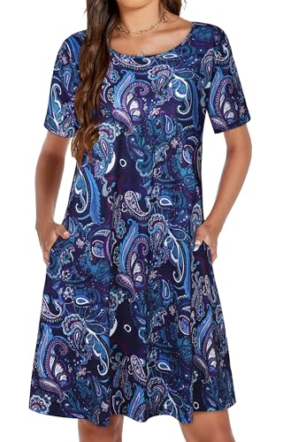 Image of Womens Summer Dresses Beach Casual Loose Tshirt Floral Short Sleeve Flowy Pockets Sundresses 2026