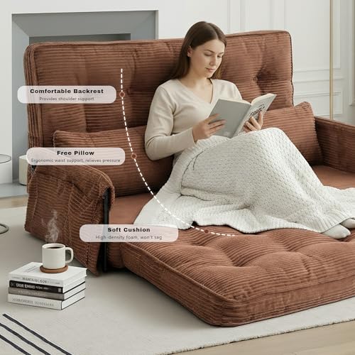 Image of 5-Position Adjustable Floor Sofa Couch,Multi-Functional Bean Bag Bed,Foldable Lazy Sofa Sleeper Bed with Armrest,Ideal for Reading and Playing (Brown)