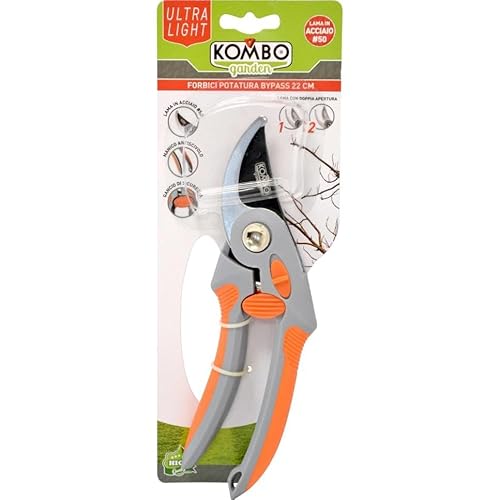KOMBO Garden - Forbici da Potatura Ultralight Bypass 22 cm – Lama in Acciaio Teflonato, Manico Ergonomico Antiscivolo, Blocco di Sicurezza – Per Piante, Rami, Fiori, Giardinaggio
