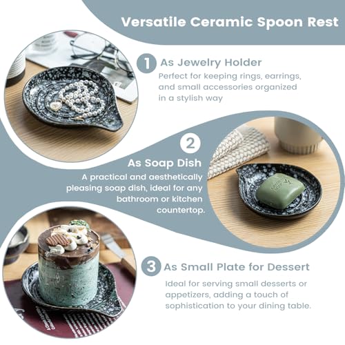Image of LAUCHUH Spoon Rest for Stove Top, 5 inch Ceramic Spoon Holder for Kitchen Counter Large Ladle Holder for Spatula, Spoons or Tong, Farmhouse Kitchen Decor, Heat-Resistant, Starry Black