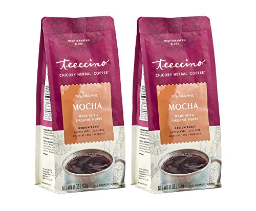 Teeccino Mocha Chicory Ground Herbal Coffee Medium Roast, Mocha Flavor 11 ounce (Pack of 2)
