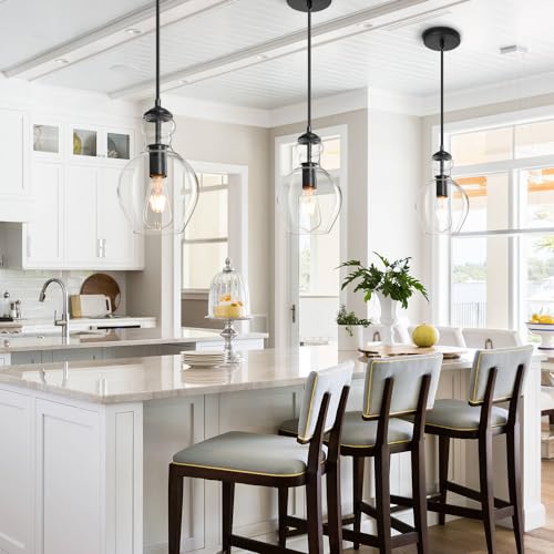 Image of Black Clear Glass Pendant Lighting for Kitchen Island Entryway 7 Inch
