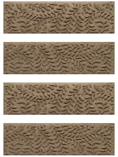 WaterHog Boxwood Stair Treads for Indoor Ourdoor Stairs, Absorbent All-Weather Stair Runner with Rubber Backing, Dirt & Moisture Trapper, Easy Clean Mat, Made in USA, 8.5"x30", 4pcs, Camel
