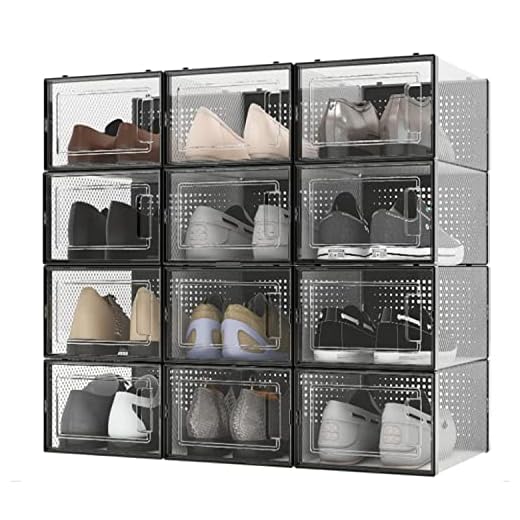ALEMOK Cajas para Zapatos Transparentes, Organizador de Zapatos, Paquete de 12 Cajas de Almacenamiento de Plástico, Plegables y Apilables. Hasta la talla 44