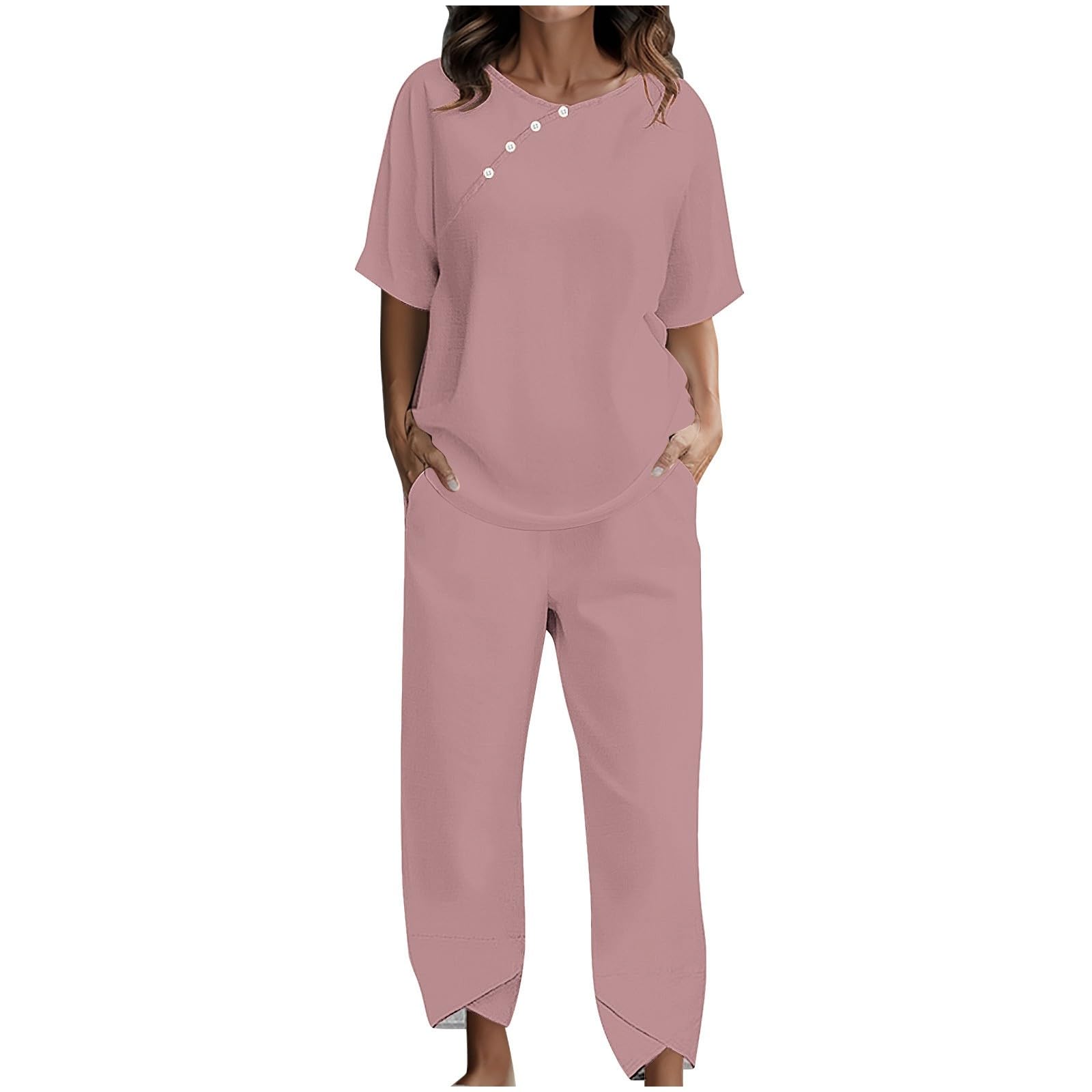 2 Piece Linen Sets For Women Summer Pants Suit Casual Loose Outfit Long Sleeve Top Shirts Sets Wide Leg Trousers