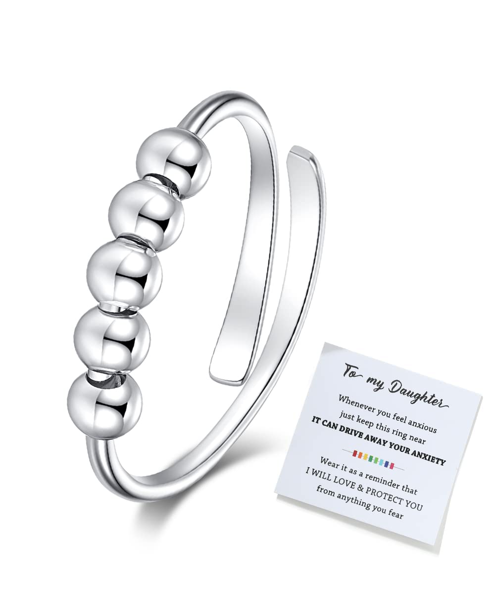 JunXinTo My Daughter Fidget Ring for Anxiety, Fidget Rings for Anxiety for Women, Adjustable Stacking Anxiety Relief Rainbow Fidget Ring Jewelry Gifts (Bead Anxiety Ring)