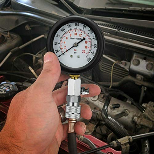 Foto von PowerTools Kompressionstester für Benzin Motor, KFZ Kompressionsprüfer 0-20 bar & 0-300 psi Kompressionsmesser, Motor Kompression prüfen meßen Kfz M10 M12 M14 M18