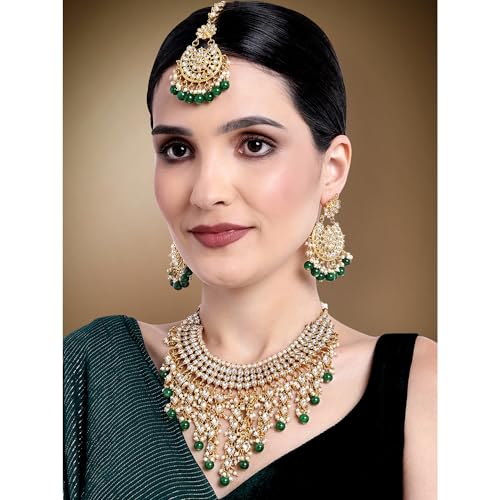 Image of Peora Kundan & Beads Studded Necklace Earrings & Maangtikka Set Ethnic Jewellery for Women & Girls