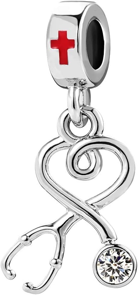 Nurse Doctor Stethoscope Charm fits Pandora Charms Bracelets Love Heart Medical RN Dangle Bead