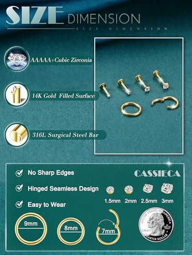 CASSIECA 14K Gold Filled Flat Back Nose Studs For Women Men Hypoallergenic Surgical Steel Nose Rings Hoops- Threadless Flat Back Earrings Helix Cartilage Tragus Conch CZ Stud Labret Lip Nostril Septum Ring Body Piercing Jewelry 20G 18G 16G3