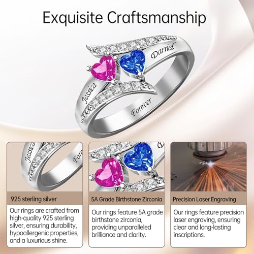 Personalized Birthstone Rings for Women, Custom Mothers Ring with 2 Birthstones, Sterling Silver Couples Name Rings for Her, Gifts for Wife Mom4