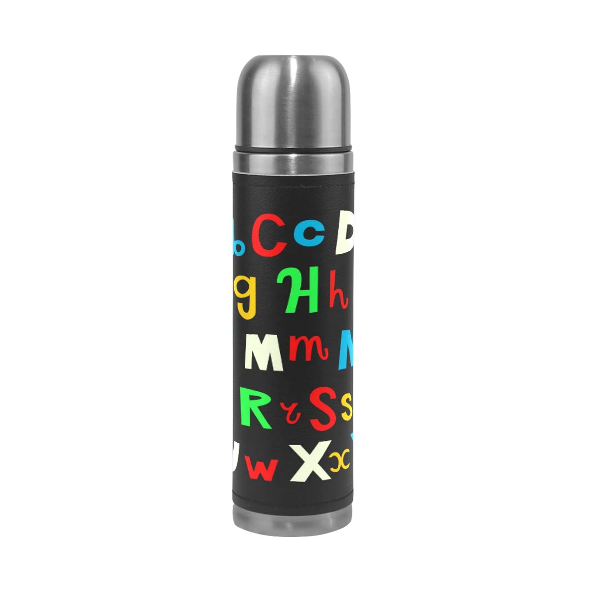 Taza de viaje aislada al vacío de acero inoxidable con doble pared a prueba de fugas, botella de taza con diseño de alfabeto, impresión personalizada impresa en piel auténtica, termo de 500 ml