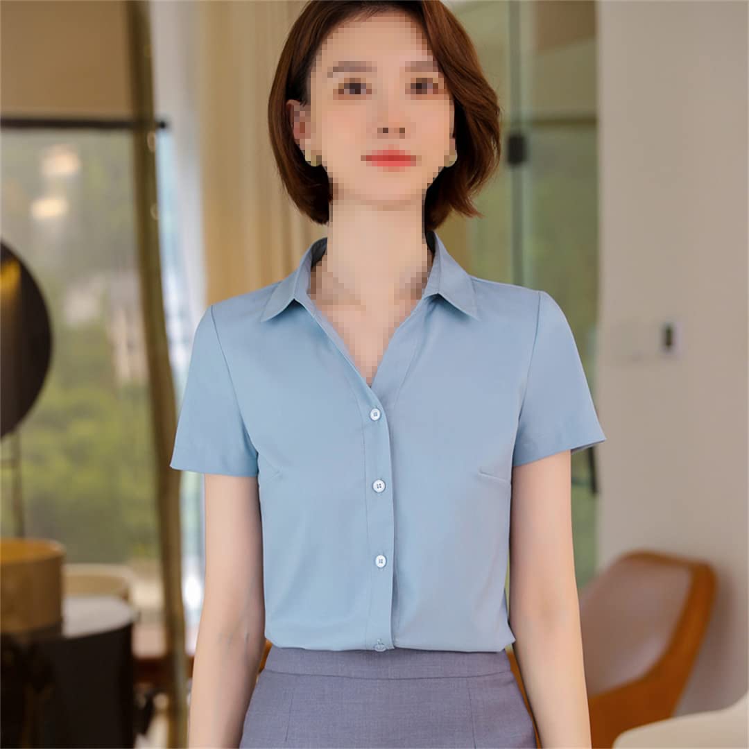 Oficina señoras Trabajo Formal Camisa Mujer Manga Corta Verano Cuello en V Slim Negocios Formal Gasa Blusas Blue XL