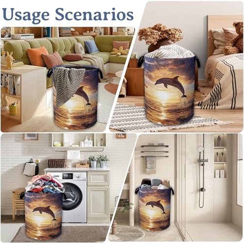 Image of Dolphins Laundry Basket,Foldable Oxford Cloth Sunset Laundry Hamper With Handle, 20.8 inchx16 inch Portable Clothes Storage Basket Bag for Laundry Room /Bathroom /Bedroom /Dormitories
