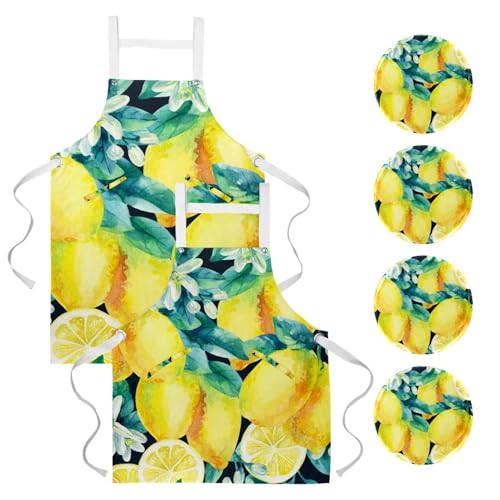 Tablier de serveuse en bistrot et bar avec motif plantes et fruits jaune citron