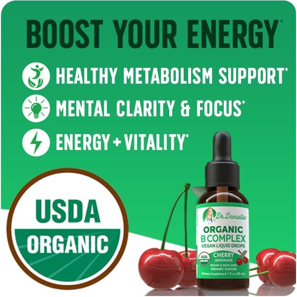 Organic Vitamin B Complex Liquid Drops | B Vitamins Complex Supplement with B3, B6, B7, B9 & Methyl B12 Drops for Adults & Kids | Vegan Cherry Flavor 1oz | 60 Servings / 2 Month Supply - Image 2