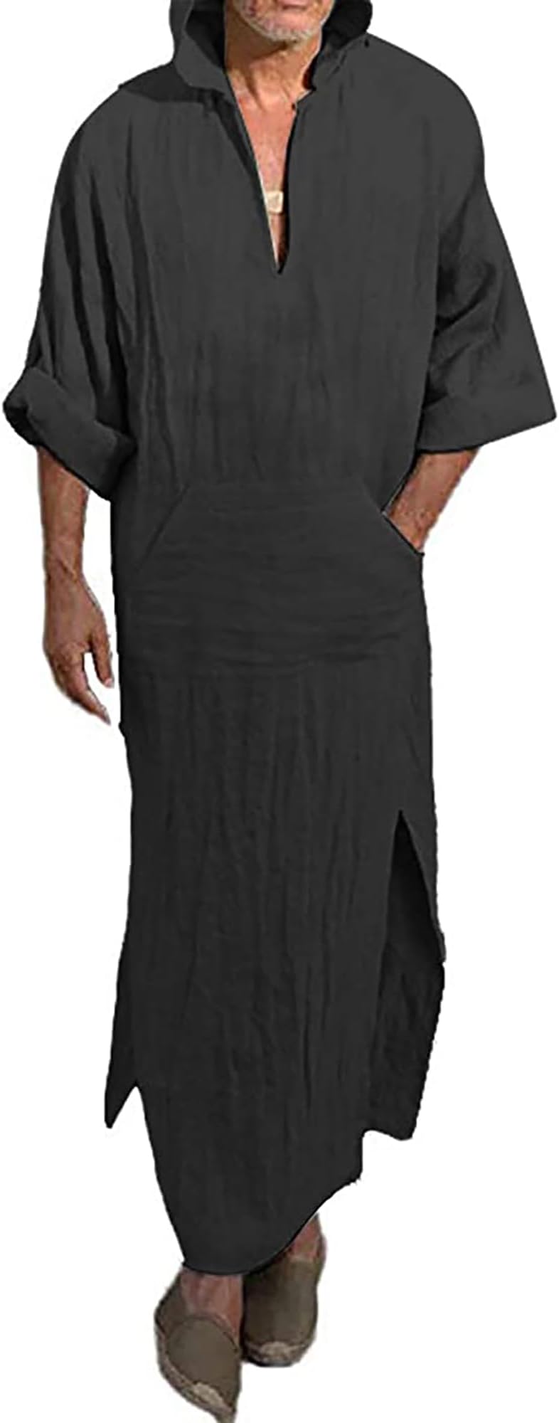 Men's V-Neck Short Sleeve Robe Side Split Kaftan Thobe with Pockets Casual Shirt