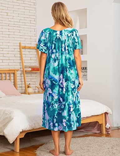 Image of Bloggerlove Mumu House Dress for Women with Pockets Short Sleeve Nightgowns | 15% Cotton, 80% Polyester, 5% Spandex, Floral Mumu House Dress, V-Neck, Short Sleeves, Midi Length, 2 Side Pockets, Lounging