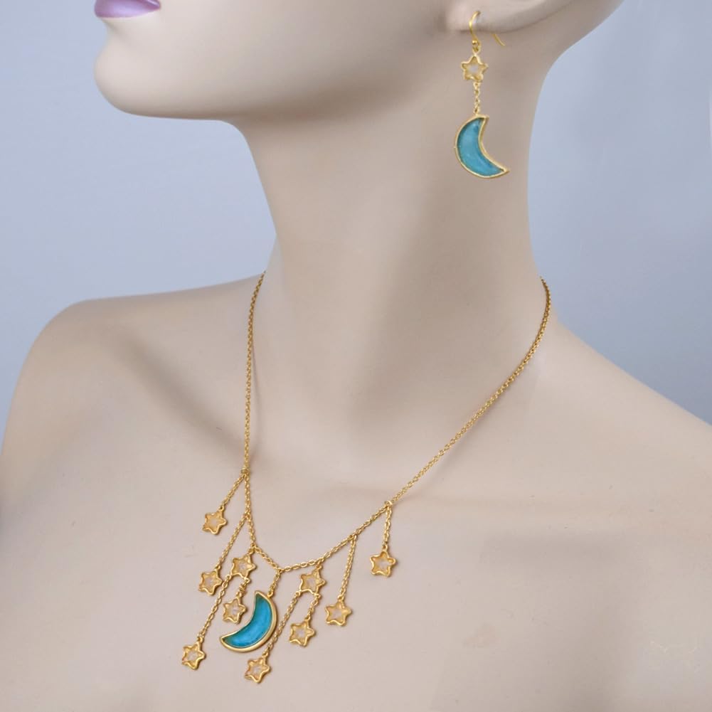American Handmade Cast Artisan Glass & Gold-Plated Blue Moon and Stars Necklace, Adjustable 16-18"