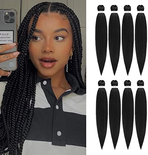 Pre-stretched Braiding Hair - 22 Inch 8 Packs Natural Black Long Braiding Hair For Twist or Box Braids, Yaki Texture Hot Water Setting Synthetic Braiding Hair Extensions (22 Inch, 1B-8P)
