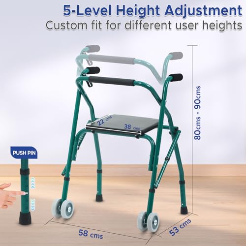 Image of Kosmocare Premium Imported Folding Comfort Walker With Seat Incl. 2 Pairs Of Dual Front Wheels