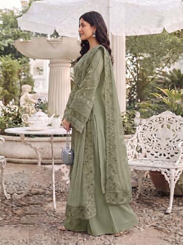 Image of RUDRAPRAYAG Women's Georgette Fabric Wih Embroidered Sequence Work And On Neck Moti Hand Work Semi Stitched Sharara Salwar Suit With Dupatta Set