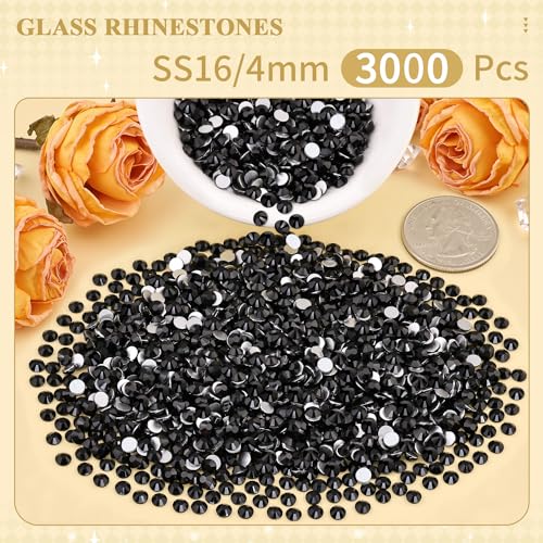 Image of 3000PCS SS16 /4mm Crystal Glass Rhinestones for Bedazzling (Jet Black) | Flatback Rhinestones for Crafting DIY Nail Art Makeup Decoration, Gems Diomand Charms for Tumbler Shoes Clothing Mug