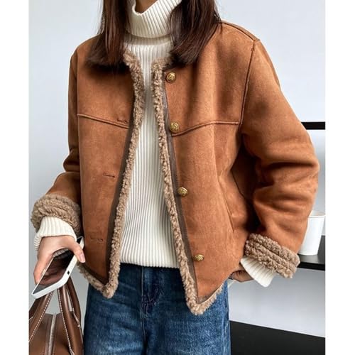 Women's Faux Suede Sherpa Jacket Elegant Round Neck Button Up Jacket Fuzzy Thick Warm Short Coat2