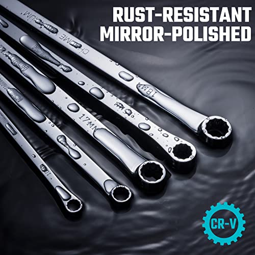 Duratech 5-Piece Extra Long Wrench Set, Double Box End Wrench Set, 0 Degree Offset, Metric, Cr-V Steel, 8Mm, 10Mm, 12Mm, 13Mm, 14Mm, 15Mm, 16Mm, 17Mm, 18Mm, 19Mm, Organized In Rolling Pouch #TOP4