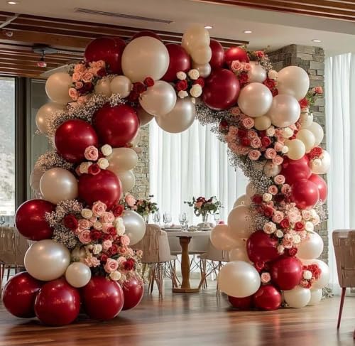 Image of Red White Balloon Garland Dark Red Double Stuffed Balloons Arch Kit Set For Birthday Mothers Day Valentine Engagement Anniversary Bridal Shower Party Decorations