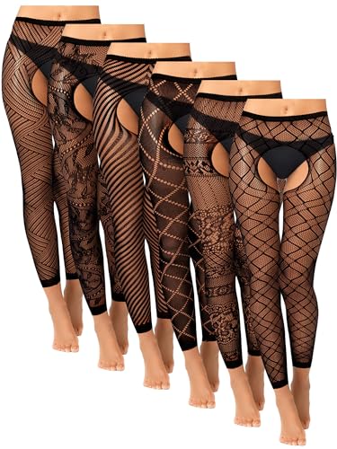Newcotte 6 Pair Fishnet Stockings for Women Black Footless Thigh High Stockings Plus Size Lace Mesh Thigh High Tights (Elegant Black)