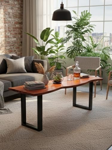 Image of Modern Coffee Table for Living Room | Sheesham Wood Center Table with Natural Edge Top | Wooden Leg Cocktail Table | Contemporary Tea Table Furniture for Home, Lounge & Apartment | Light Walnut