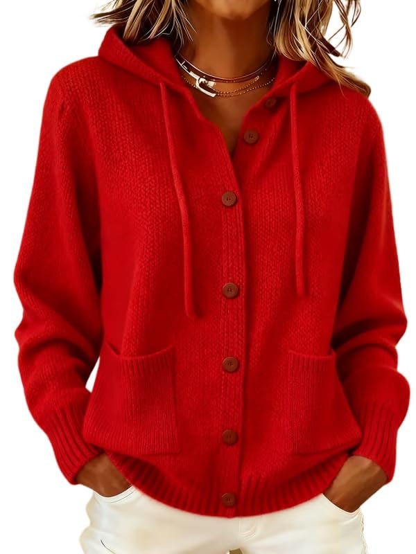 Womens Casual Button Knit Hooded Pocket Cardigan for Women