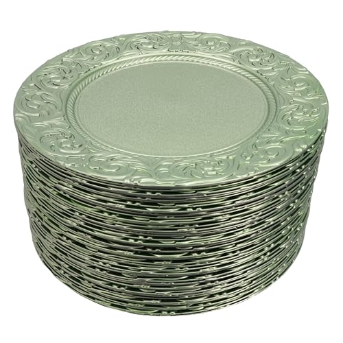 banborba Charger Plates Set, 100Pcs Green Plastic Reusable Dinner Charger Plates, 13'' Luxury Round Vintage Table Decoration for Wedding Dinner Party