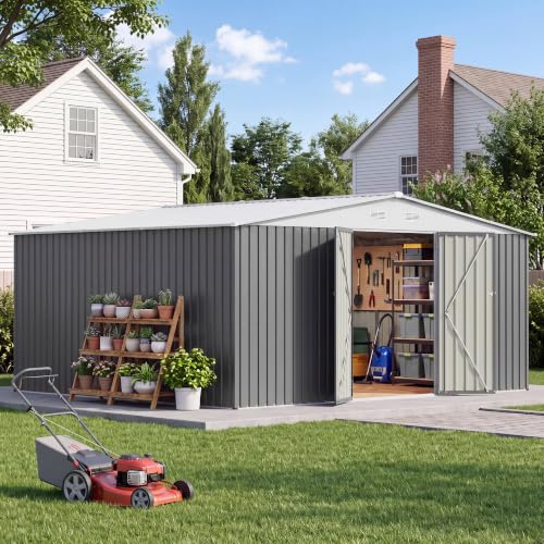 Image of Patiowell 14x12 FT Outdoor Storage Shed, Large Metal Sheds, Gray