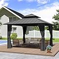 LUXIJOY 12' x 12' Hardtop Gazebo, Aluminum Frame with Double Galvanized Steel Roof, Outdoor Metal Gazebo with Netting & Curtains for Backyard, Garden, or Deck, Grey