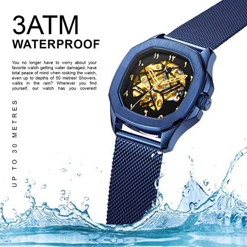 Kredo Men OTUS Malik Blue Mechanical Automatic Skeleton Analogue Self-Winding Water Resistant Stainless Steel Wrist Watch-KW078 | Octagonal Dial Mesh Strap | Designed in Amsterdam - Image 2