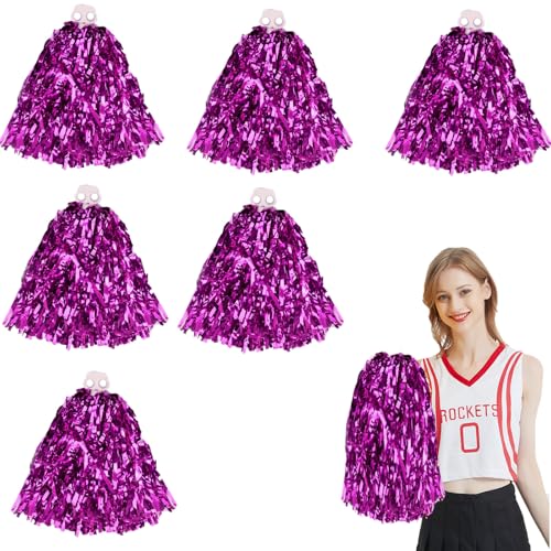 6 Pack Cheerleader Pom Poms, Fluffy Cheerleading Pom Poms Pompoms Cheerleader Metallic Foil Pompoms with Plastic Finger Ring for Kids Adult Team Spirit Sports Party Dance Cheering (Rose Red)