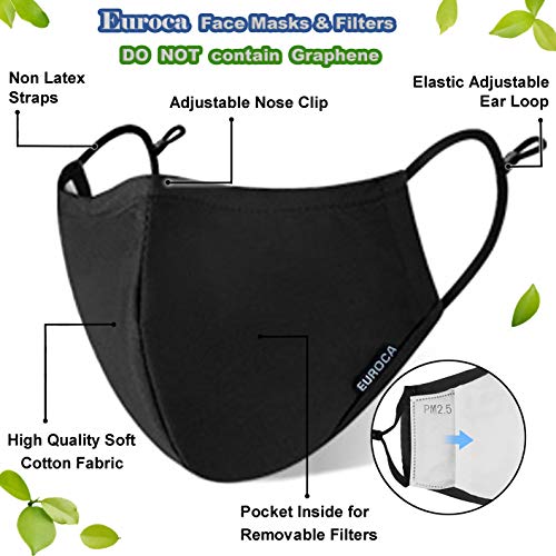 Euroca Cloth Face Mask 3 Layer Reusable Washable and Adjustable with Filter Pocket for Adult -2 Packs with 4 Filters included (Black & Grey, Large) - Image 3