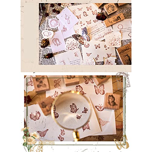 Huralona 16pcs Wooden Rubber Stamps Set Vintage Decorative Mounted Rubber Stamp Plant Flower Animal Pattern DIY Wood Rubber Stamp for Journaling Craft Scrapbooking Diary (Butterflies) - Thumbnail 5